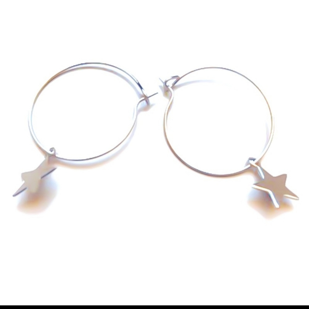 Sterling Silver Wire Hoop Earrings with Silver Star Charm
